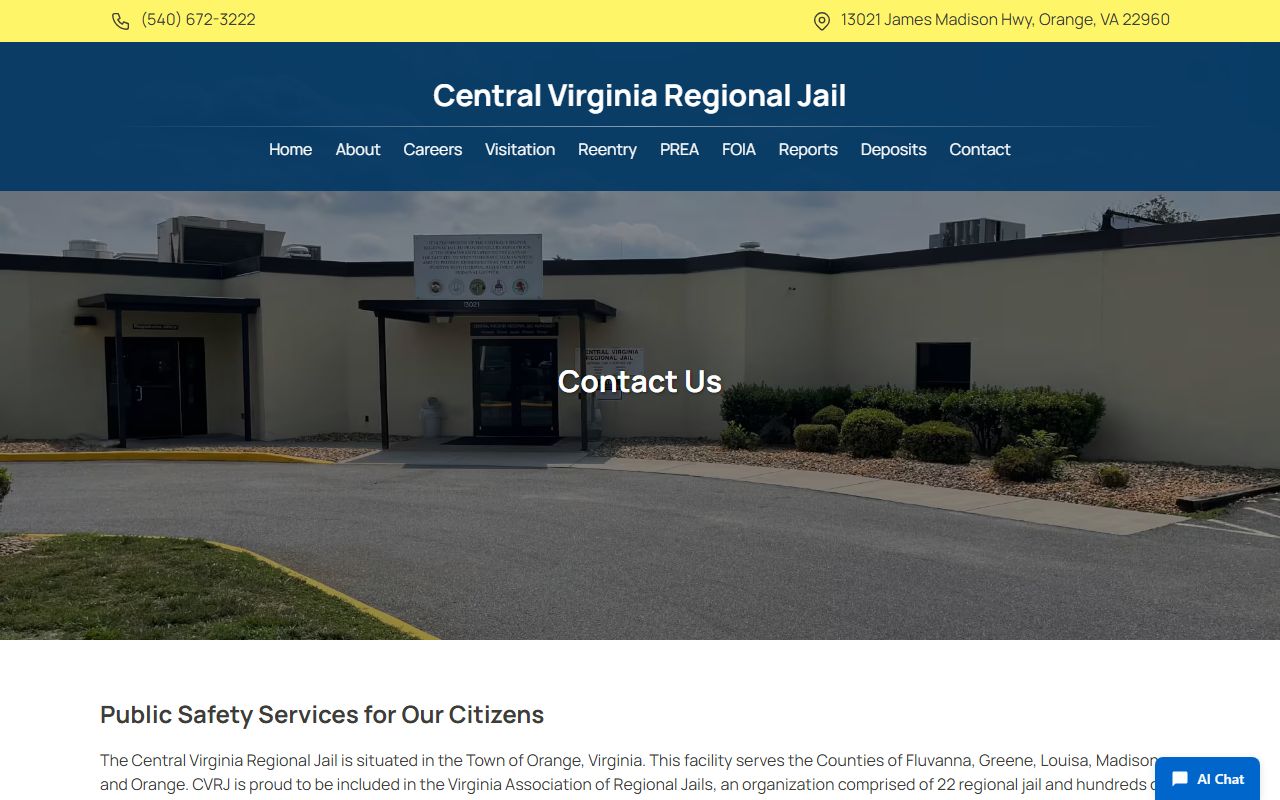 Central Virginia Regional Jail contact page for Louisa County custody questions