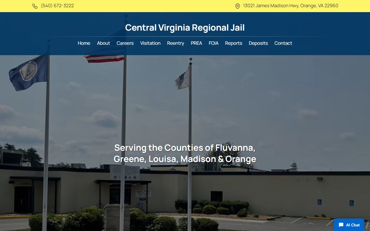 Central Virginia Regional Jail homepage for Louisa County inmate population lookup