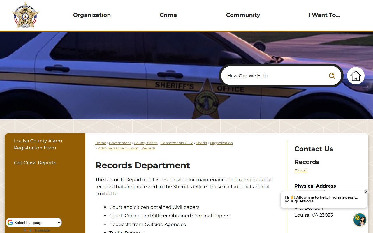 Louisa County sheriff records department inmate records contact information